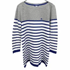 古着 バーバリー ブルーレーベル Tシャツ ボーダー ボートネック Aライン 7分袖 ロゴ刺繍 綿100% 38 ブルー 青×白×杢グレー レディース