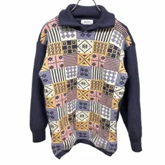 【中古】[印象AB] JANTZEN ジャンセン リブニット / セーター レディース M ネイビー 紺×ピンク×紫×オレンジ×白系 毛など 裾の両側にスリット 襟付き マルチパターン柄 長袖のサムネイル