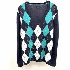 古着 TOMMY HILFIGER 薄手 ニット セーター アーガイルチェック Vネック 長袖 綿100% コットン M ネイビー×エメラルドグリーン 紺 レディース