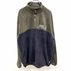 【中古】[印象AB] FILA フィラ プルオーバー / フリースジャケット メンズ LL XL グリーン×ネイビー×ホワイト 緑×紺×白 ポリ100% ハイネック ドットボタン留め 裏地無し ロゴ刺繍 長袖