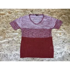 古着 チャオパニック Ciaopanic 若干薄手 ニット セーター Vネック 異色メランジ 半袖 麻×綿 Mサイズ テラコッタ×オフホワイト メンズ