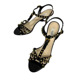 プラダ PRADA サンダル ピンヒール スタッツ エナメル 35 黒 ブラック ゴールド