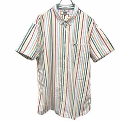 【中古】[印象AB] TOMMY JEANS トミージーンズ シャツ メンズ XL LL 白×緑×赤×オレンジ×黄×ピンク 綿100% ストライプ ボタンダウン 胸ポケット 半袖のサムネイル