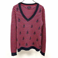 【中古】[印象B] TOMMY HILFIGER 薄手 ニット セーター ボーダー Vネック ヨット柄 船 長袖 ピマコットン100% M ピンク×レッド×ネイビー レディース
