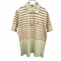 【中古】[印象B] ラコステ LACOSTE ポロシャツ ボーダー 鹿の子 半袖 日本製 ワニ 綿100% 4 グリーンベージュ×レッド×ピンク×ホワイト メンズ