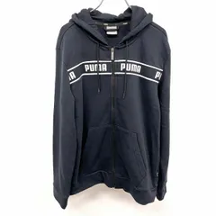 古着 プーマ PUMA スウェット ジップアップ パーカー フーディー カットソー 裏毛 ロゴ 長袖 綿×ポリ S ネイビー系(黒系？) 紺系 メンズ