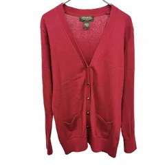 古着 エディーバウアー Eddie Bauer 薄手 ニット カーディガン 無地 長袖 Vネック ボタン留め 綿×カシミヤ M レッド 赤 レディース