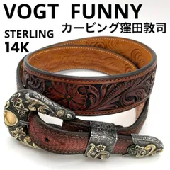 【バックル】CHET VOGT/ボグト 3ピース STERLINGシルバー/14K 彫金・唐草・石入り 【ベルト】FUNNY/ファニー 両面カービング 本革レザー/パイソン サイズ35 ウエスタンベルト 窪田敦司/窪田クラフト/窪田カービングのサムネイル