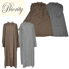 【PRIORITY】 ワンピース レディース 幾何学柄 ロングワンピース ハイネック 長袖 ゆったり 体型カバー フレア きれいめ 大人 上品 カジュアル 秋 冬 春【小】 T61120HW おしゃれ