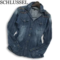 SCHLUSSEL シュリセル 通年 刺繍★ 襟ワイヤー 長袖 シワ加工 USED加工 デニム ウエスタン シャツ Sz.2 メンズのサムネイル