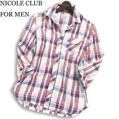 NICOLE CLUB FOR MEN ニコルクラブ フォーメン 襟袖ワイヤー★ 麻 リネン混 チェック 7分袖 ワーク シャツ Sz.46 メンズ
