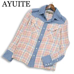 AYUITE アユイテ 春夏★ 麻 リネン混 長袖 デニム切替 チェック柄 ウエスタン シャツ 日本製 Sz.2 メンズのサムネイル