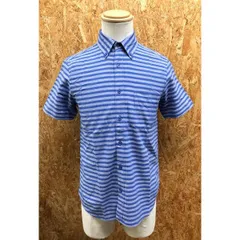 【中古】[印象AB] ikka イッカ メンズ S ブルー×ヘザーネイビー 綿×麻 シャツ ボタンダウン ボーダー柄 胸ポケット付き 半袖 ラウンドテールのサムネイル