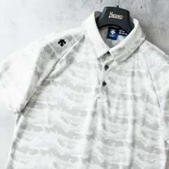 美品 DESCENTE GOLF デサントゴルフ 半袖 ポロシャツ カモフラ 総柄 吸汗速乾 ストレッチ ゴルフウェア メンズ O (L) / ホワイト グレー