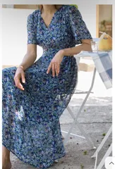 CHICHERA ワンピース M ブルー 花柄・ボタニカル柄 半袖 ロング・マキシ丈 フレア