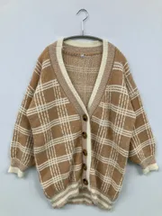 カーディガン/ボレロ FREE ベージュ コットン ニット チェック柄 ライン柄 ミドル丈 長袖