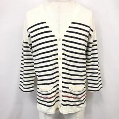 【中古】[印象B] TK ティーケー カットソーカーディガン メンズ 2 (M) オフホワイト×ネイビー 綿100% Tシャツ生地 ボーダー柄 ボタン留め 7分袖 Vネックのサムネイル