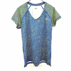 古着 UNDER ARMOUR メッシュTシャツ アンダーシャツ スクエア柄 Vネック ストレッチ ラグラン 半袖 ポリなど L 青×黄 メンズ(レディース？)