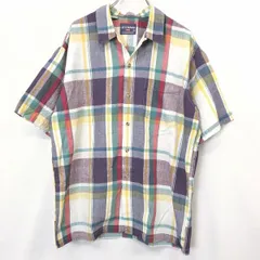 古着 LEVI'S リーバイス L メンズ オープンカラー シャツ チェック 半袖 胸ポケット ボックスカット 綿100% 紫×ピンク×緑×黄×オフホワイト