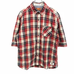 【中古】[印象AB] Dickies ディッキーズ シャツ メンズ L レッド 赤×紺×生成り×茶 綿100% ロングテール 5分袖 チェック 胸ポケット 裾にロゴパッチ レギュラーカラーのサムネイル