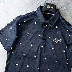 美品 Callaway キャロウェイ 半袖 ポロシャツ モンステラ 小花柄 総柄 吸汗速乾 ストレッチ ゴルフウェア メンズ L / ネイビー 紺