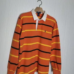 レディースL ポロ ラグビー ピケTシャツ オレンジ ストライプ ラルフローレン