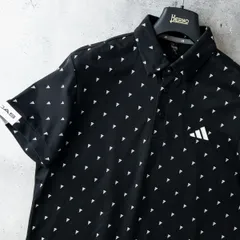 美品 adidas Golf アディダス ゴルフ 半袖 ポロシャツ ロゴ モノグラム 総柄 ボタンダウン ゴルフウェア メンズ L / 黒 ブラック 吸汗速乾