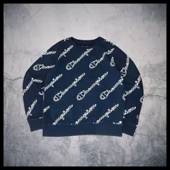 Champion スウェット XL ネイビー 総柄ロゴ ビッグサイズ トレーナー ストリート y2k 古着
