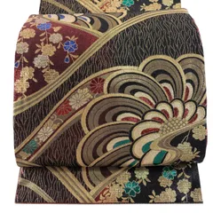 【美品】 袋帯 秀品 振袖向き 花 枝垂れ桜 金糸 箔 赤黒 六通 正絹 【中古】