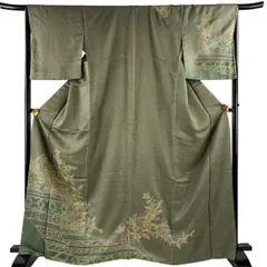 訪問着 身丈166.5cm 裄丈67cm M 袷 草花 花唐草 刺繍 金彩 灰緑 正絹 名品 【中古】のサムネイル