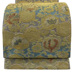 【美品】 袋帯 名品 亀甲 花鳥 箔 黄土色 六通 正絹 【中古】