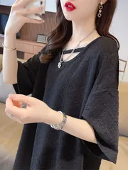 レディース Tシャツ 半袖 ブラック Vネック 夏 ミディアム丈 韓国ファッション カットソー スリット裾 ゆったり シンプル おしゃれ トップス 体型カバー カジュアル 大人女子 着回し 無地 薄手 涼しい 人気 トレンド 通勤 通学 デイリー