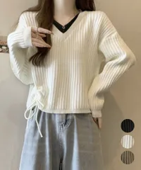 【日本倉庫即納】 Vネックリブニットトップス 暖かいニット