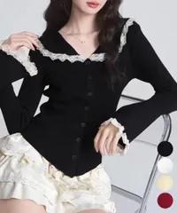 【日本倉庫即納】 レーストリム Vネックリブニットトップス