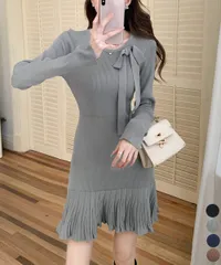 【日本倉庫即納】 プリーツ裾 長袖リブニットワンピース上品