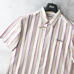 極美品 SINA COVA シナコバ 半袖 ボタンダウン シャツ サッカー生地 マルチストライプ 綿100% メンズ LL (XL) / ホワイト × マルチ 夏のサムネイル