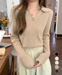 【日本倉庫即納】 ポロニットトップス リブニット 韓国風