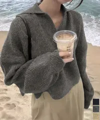 【日本倉庫即納】 スキッパーニットvネック 襟付きセーター