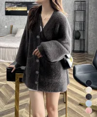 【日本倉庫即納】 シャギーニットカーディガンVネック秋冬服