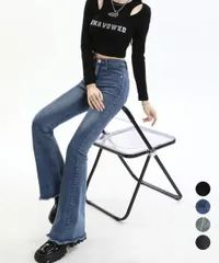 【日本倉庫即納】 セミフレアデニムパンツ美脚フリンジパンツ_2