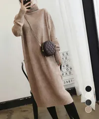 【日本倉庫即納】 ハイネックニットワンピースゆったり秋冬服
