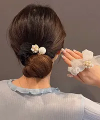 【日本倉庫即納】 シュシュ リボン パール ヘアゴム韓国風
