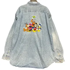 90s Disney ビンテージ ディズニー デニムシャツ XL 刺繍 ミッキー ドナルド グーフィー プルート 総柄 キャラクター 古着 ゆるだぼ オーバーサイズ ビッグシルエット 濃淡ライトブルー 長袖シャツ オールド 90年代 / IA448