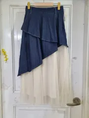 春 秋 デニム バイカラー メッシュ ロング丈スカート 新品 28まで