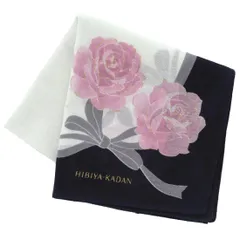 [ブルーミング] 【ヒビヤカダン 日比谷花壇】 大判 プリントハンカチ（58cm）バラとリボン (ネイビー) 婦人 レディース ハンカチ ハンカチーフ 約58cm 000188-0022-03
