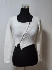 起毛 白 斜めボーダー ジッパー クロップド ニット カーディガン