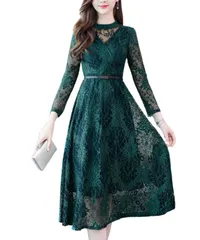 [グリーンパキラ] 結婚式 ワンピース ドレス レディース 長袖 フォーマルワンピース お呼ばれ レース オケージョン 春 秋 冬 大きいサイズ お宮参り パーティードレス 膝下丈 ロング 丸首 (L, グリーン) [グリーン] [L] [標準]