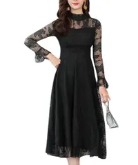 [グリーンパキラ] 在庫限り 結婚式 ワンピース ドレス レディース 長袖 フォーマルワンピース お呼ばれ ワンピ パーティー 春 秋 オケージョン aライン ロング レース フリル 花柄 きれいめ 夏 冬 黒ワンピース 黒 (2L,  [ブラック] [2L]