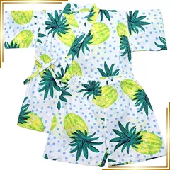 【新品】 [Dizoon] ディゾン 子供 甚平 男の子 女の子 120 パジャマ 綿100％ 麻 子供服 浴衣 着物 和服 柔らかい 上下セット お祭り 七五三 紺 恐竜柄 扇子柄 90 100 110 120 130 140 (緑 パイナップル, 15 0