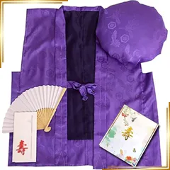 【新品】 [HOHO AYUMU] 鶴亀柄 還暦祝い 古希祝い 長寿祝い ちゃんちゃんこ 喜寿 誕生日 【ちゃんちゃんこ 扇子 栞 セット】 (長寿祝い（紫）) 0